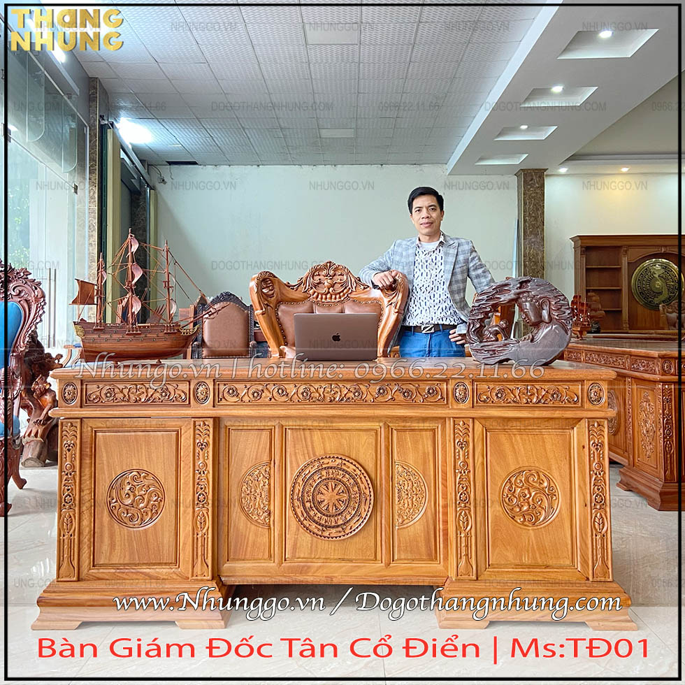 Bàn lãnh đạo mẫu trống đồng gỗ tự nhiên kích thước 175cm