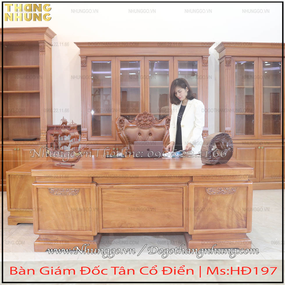 Bàn chủ tịch mẫu hiện đại gỗ gõ đỏ kích thước 197cm