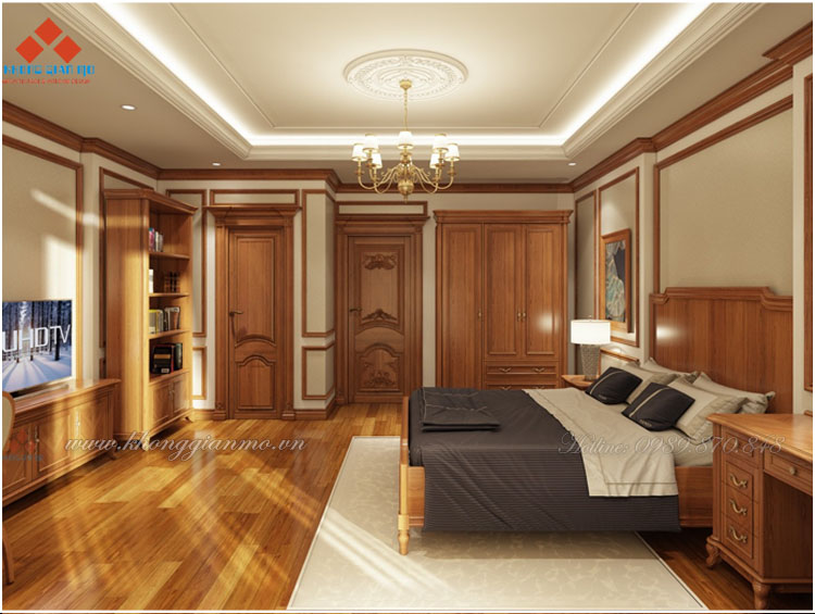 hoàn thiện nội thất biệt thự tân cô điển bằng gỗ gõ đỏ tại Hà Nội