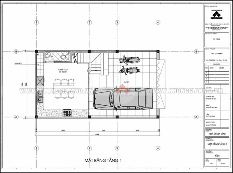 Thiết kế kiến trúc và xây dựng nhà 5 tầng 50 m2 - Mặt bằng tầng 1, Công trình nhà anh Hùng - Hoàng Mai