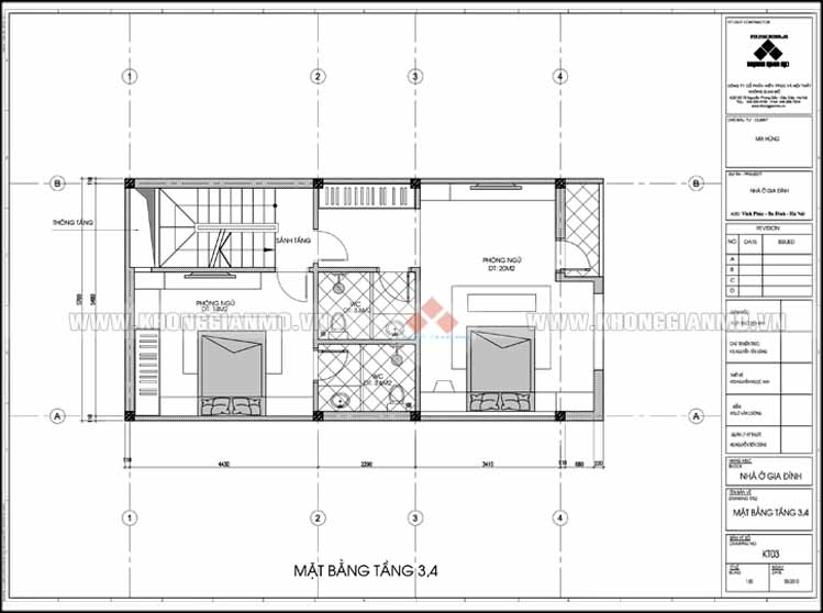 Thiết kế kiến trúc và xây dựng nhà 5 tầng 50 m2 - Mặt bằng tầng 3,4,