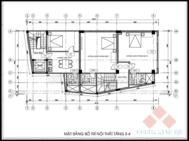 Mặt phẳng bố trí tầng 3-4