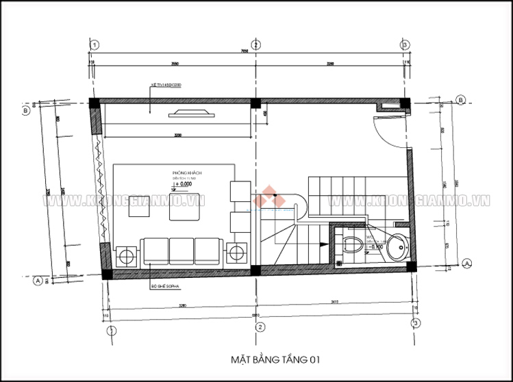 hoan thien thiet ke tang 1 nhà Lô 3m8x7m